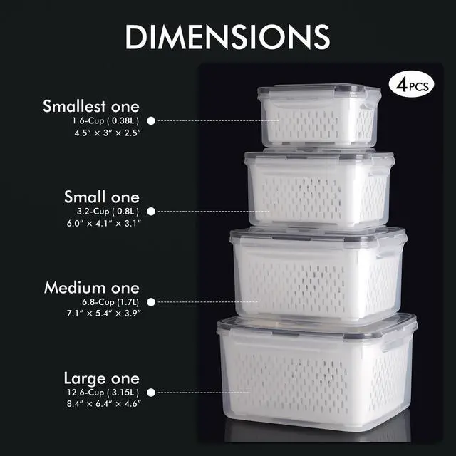 Alt view image 2 of 7 - 4-Pack Large Fruit Storage Container for Fridge Leak proof with Removable Colander, BPA Free Dishwasher & microwave safe Largest 3.15L