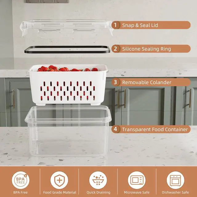 Alt view image 4 of 7 - 10 Pack Fruit Storage Containers for Fridge with Removable Colanders - Food Storage Containers with Lids, BPA-Free Produce Containers Keep Fruits, Vegetables, Berry, Meat Fresh Longer