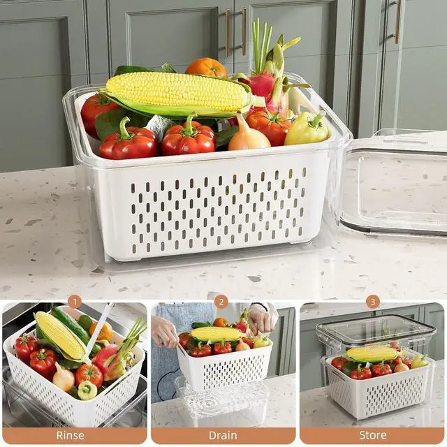 Alt view image 5 of 7 - 10 Pack Fruit Storage Containers for Fridge with Removable Colanders - Food Storage Containers with Lids, BPA-Free Produce Containers Keep Fruits, Vegetables, Berry, Meat Fresh Longer