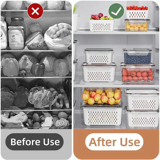 Alt view image 6 of 7 - 10 Pack Fruit Storage Containers for Fridge with Removable Colanders - Food Storage Containers with Lids, BPA-Free Produce Containers Keep Fruits, Vegetables, Berry, Meat Fresh Longer