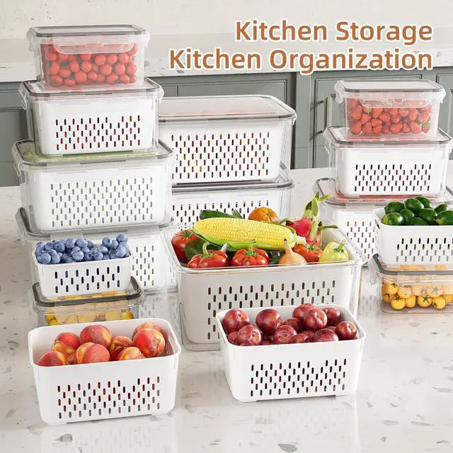 Alt view image 7 of 7 - 10 Pack Fruit Storage Containers for Fridge with Removable Colanders - Food Storage Containers with Lids, BPA-Free Produce Containers Keep Fruits, Vegetables, Berry, Meat Fresh Longer