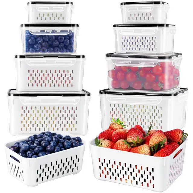 Main image of Fruit Storage Containers for Fridge with Removable Colander, Airtight Food Storage Container, Dishwasher Safe Produce Saver for Refrigerator, Keep Berry Fruit Fresh Longer 8 pcs Small Clear