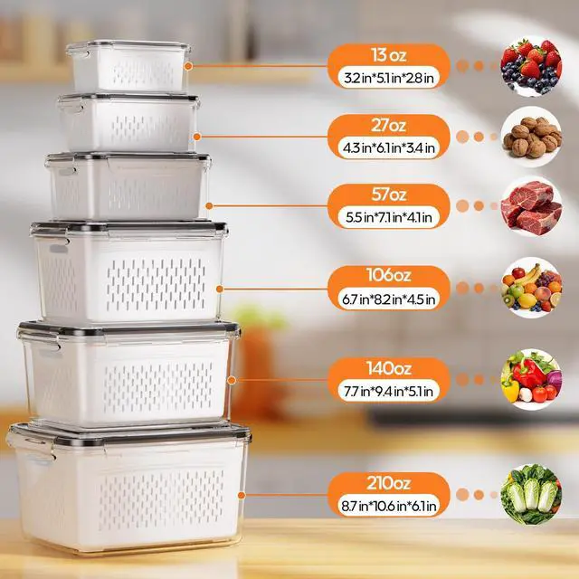 Alt view image 2 of 7 - Fruit Storage Containers for Fridge - 6 Pack Produce Storage Containers with Removable Colander, Leakproof Refrigerator Fruit Organizers Keep Berry Veggie Salad Meat Fresh Longer, Largest 6.55 Quart