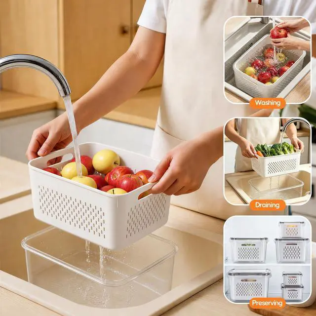 Alt view image 3 of 7 - Fruit Storage Containers for Fridge - 6 Pack Produce Storage Containers with Removable Colander, Leakproof Refrigerator Fruit Organizers Keep Berry Veggie Salad Meat Fresh Longer, Largest 6.55 Quart