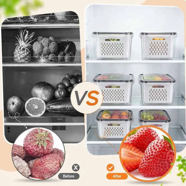 Alt view image 4 of 7 - Fruit Storage Containers for Fridge - 6 Pack Produce Storage Containers with Removable Colander, Leakproof Refrigerator Fruit Organizers Keep Berry Veggie Salad Meat Fresh Longer, Largest 6.55 Quart