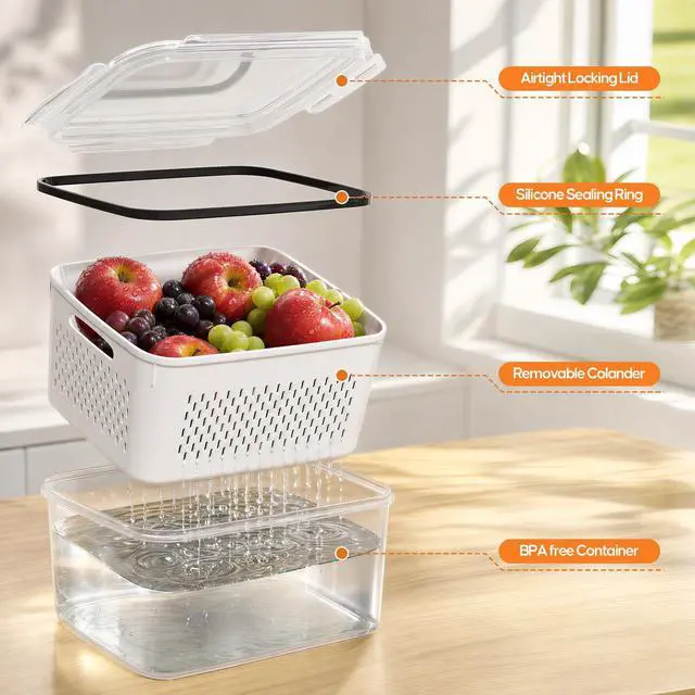 Alt view image 5 of 7 - Fruit Storage Containers for Fridge - 6 Pack Produce Storage Containers with Removable Colander, Leakproof Refrigerator Fruit Organizers Keep Berry Veggie Salad Meat Fresh Longer, Largest 6.55 Quart