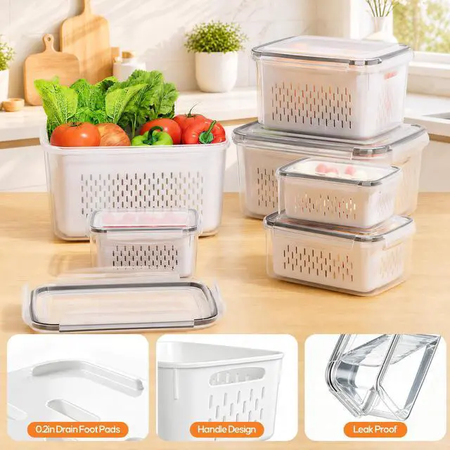 Alt view image 6 of 7 - Fruit Storage Containers for Fridge - 6 Pack Produce Storage Containers with Removable Colander, Leakproof Refrigerator Fruit Organizers Keep Berry Veggie Salad Meat Fresh Longer, Largest 6.55 Quart