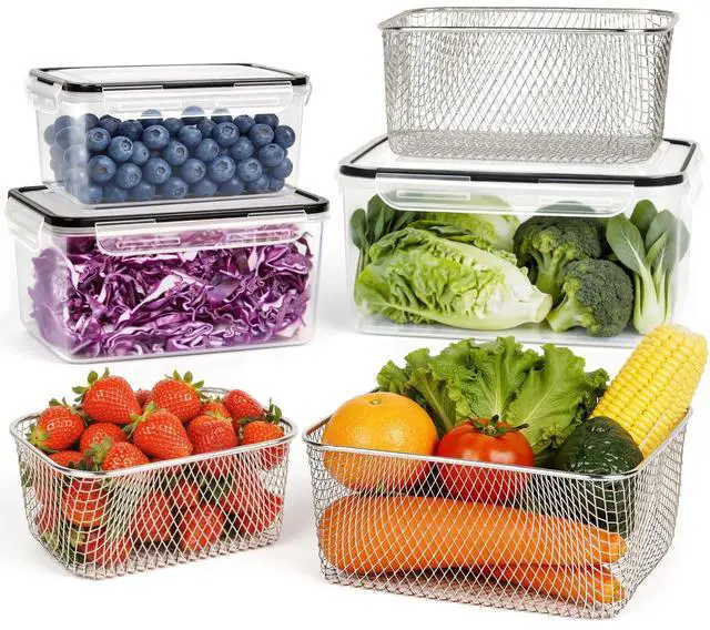 Main image of 3 PCS Large Fruit storage Containers for Fridge - Leakproof Food Storage Containers with Stainless Steel Colander - Dishwasher safe Produce Containers Keep Fruits, Vegetables, Berry, Meat Fresh longer