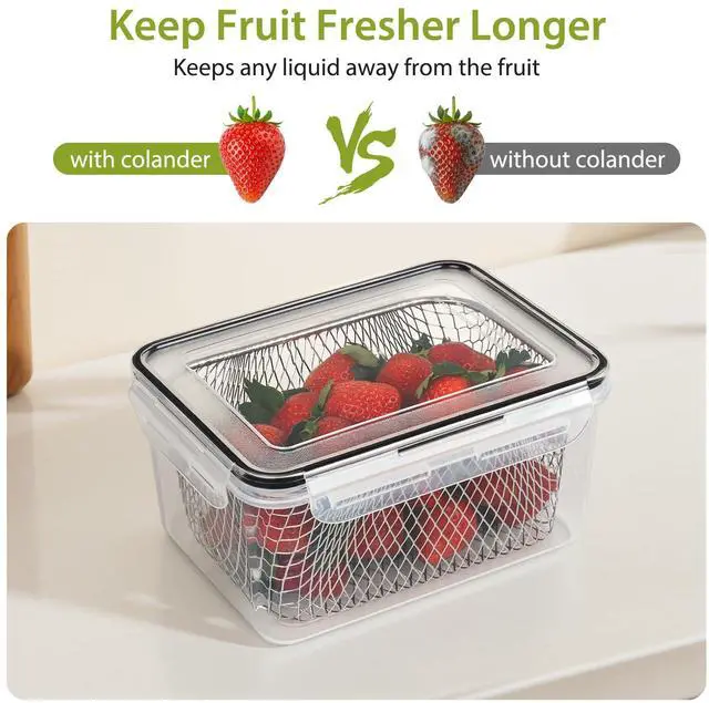 Alt view image 3 of 7 - 3 PCS Large Fruit storage Containers for Fridge - Leakproof Food Storage Containers with Stainless Steel Colander - Dishwasher safe Produce Containers Keep Fruits, Vegetables, Berry, Meat Fresh longer