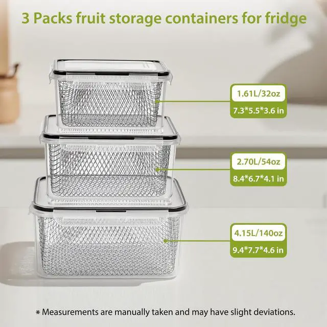Alt view image 4 of 7 - 3 PCS Large Fruit storage Containers for Fridge - Leakproof Food Storage Containers with Stainless Steel Colander - Dishwasher safe Produce Containers Keep Fruits, Vegetables, Berry, Meat Fresh longer