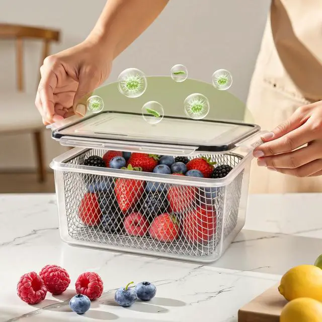 Alt view image 5 of 7 - 3 PCS Large Fruit storage Containers for Fridge - Leakproof Food Storage Containers with Stainless Steel Colander - Dishwasher safe Produce Containers Keep Fruits, Vegetables, Berry, Meat Fresh longer