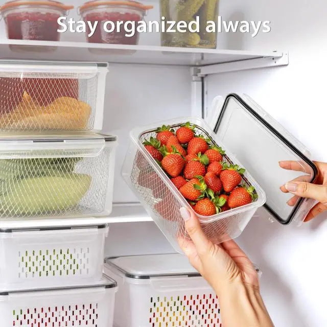 Alt view image 6 of 7 - 3 PCS Large Fruit storage Containers for Fridge - Leakproof Food Storage Containers with Stainless Steel Colander - Dishwasher safe Produce Containers Keep Fruits, Vegetables, Berry, Meat Fresh longer