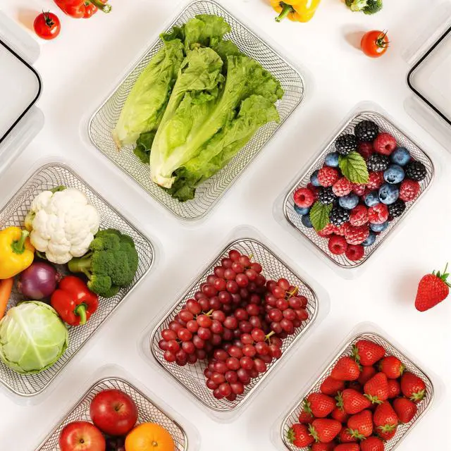 Alt view image 7 of 7 - 3 PCS Large Fruit storage Containers for Fridge - Leakproof Food Storage Containers with Stainless Steel Colander - Dishwasher safe Produce Containers Keep Fruits, Vegetables, Berry, Meat Fresh longer
