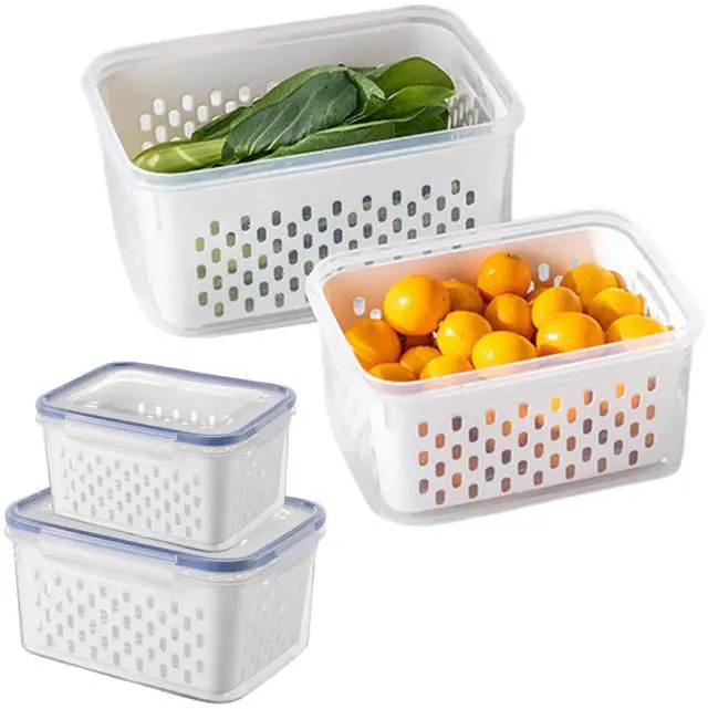 Main image of 2 Pack Fruit Storage Containers for Fridge with Removable Colanders, Dishwasher & Microwave safe Produce Storage Containers with Lids Keep Fruits, Vegetables, Berry, Meat Fresh longer