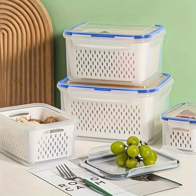 Alt view image 4 of 7 - 2 Pack Fruit Storage Containers for Fridge with Removable Colanders, Dishwasher & Microwave safe Produce Storage Containers with Lids Keep Fruits, Vegetables, Berry, Meat Fresh longer