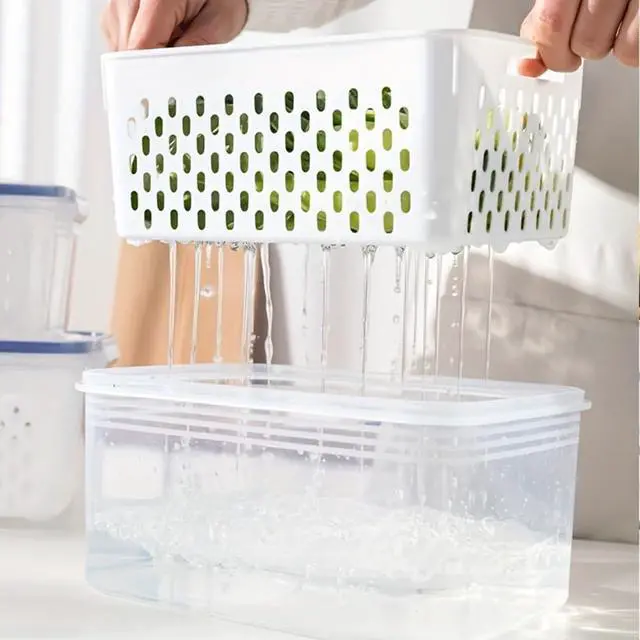 Alt view image 6 of 7 - 2 Pack Fruit Storage Containers for Fridge with Removable Colanders, Dishwasher & Microwave safe Produce Storage Containers with Lids Keep Fruits, Vegetables, Berry, Meat Fresh longer