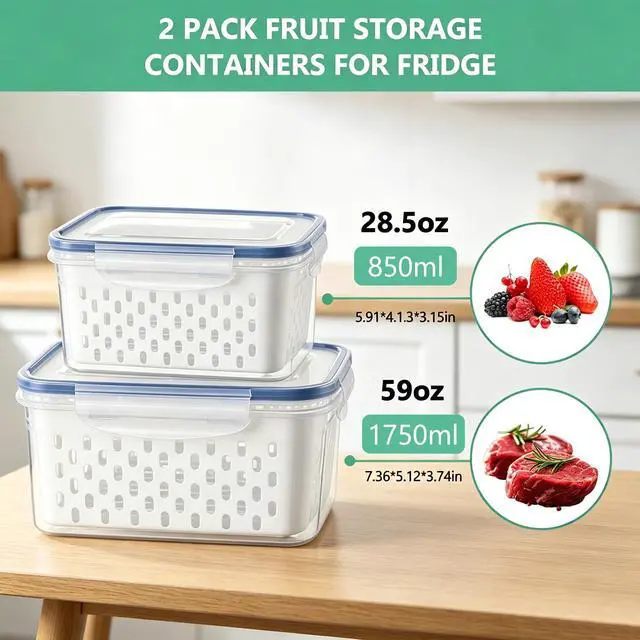 Alt view image 2 of 7 - 2 Pack Fruit Storage Containers for Fridge with Removable Colanders, Dishwasher & Microwave safe Produce Storage Containers with Lids Keep Fruits, Vegetables, Berry, Meat Fresh longer