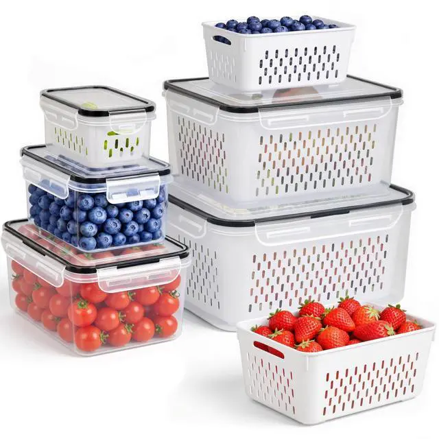 Main image of 5 PCS Fruit Storage Containers for Fridge, Leakproof Produce Containers for Fridge with Removable Colander, Microwave/Dishwasher Safe Fruit Washing Bowl Keep Fruits, Vegetables, Berry Fresh longer