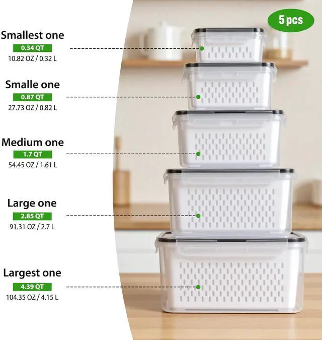 Alt view image 2 of 7 - 5 PCS Fruit Storage Containers for Fridge, Leakproof Produce Containers for Fridge with Removable Colander, Microwave/Dishwasher Safe Fruit Washing Bowl Keep Fruits, Vegetables, Berry Fresh longer