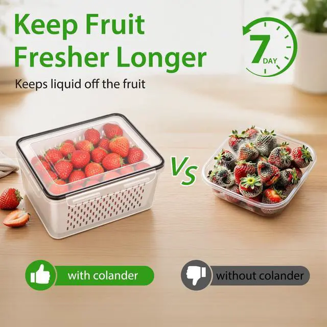 Alt view image 3 of 7 - 5 PCS Fruit Storage Containers for Fridge, Leakproof Produce Containers for Fridge with Removable Colander, Microwave/Dishwasher Safe Fruit Washing Bowl Keep Fruits, Vegetables, Berry Fresh longer