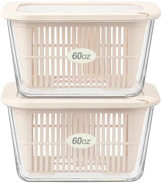 Main image of Glass Food Storage Containers with Glass Lids, Microwave Safe Food Container Set, Aitight Meal Prep Container Set, BPA Free, 2 extra Colanders, LeakProof, 2 Pack of 60oz