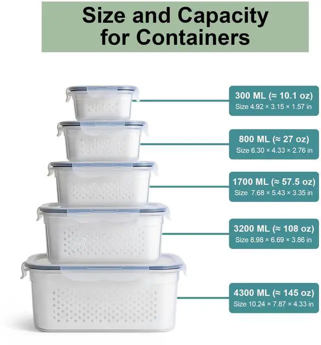 Alt view image 2 of 7 - 5 Pack Large Fruit Storage Containers for Fridge with Removable Colander-Plastic Food Storage Containers with Lids Airtight-Leak Proof Refrigerator Organizers and Storage of Vegetable -Produce Storage