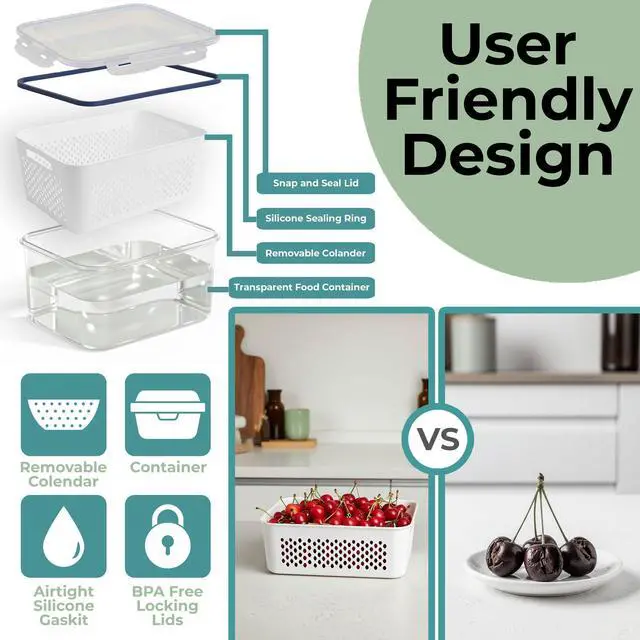 Alt view image 3 of 7 - 5 Pack Large Fruit Storage Containers for Fridge with Removable Colander-Plastic Food Storage Containers with Lids Airtight-Leak Proof Refrigerator Organizers and Storage of Vegetable -Produce Storage