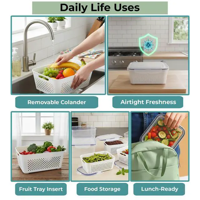 Alt view image 4 of 7 - 5 Pack Large Fruit Storage Containers for Fridge with Removable Colander-Plastic Food Storage Containers with Lids Airtight-Leak Proof Refrigerator Organizers and Storage of Vegetable -Produce Storage