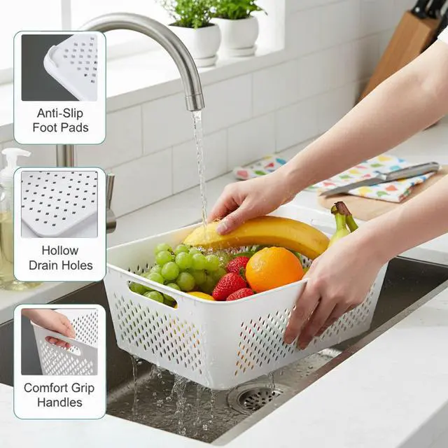 Alt view image 5 of 7 - 5 Pack Large Fruit Storage Containers for Fridge with Removable Colander-Plastic Food Storage Containers with Lids Airtight-Leak Proof Refrigerator Organizers and Storage of Vegetable -Produce Storage