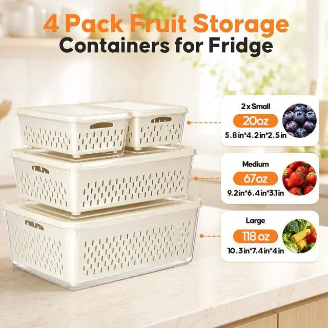 Alt view image 2 of 7 - Fruit Storage Containers for Fridge with Soft Lid - 4 Pack Food Storage Container with Removable Colander, Airtight Produce Saver Containers Keep Berry, Fruits, Vegetables, Meet Fresh Longer
