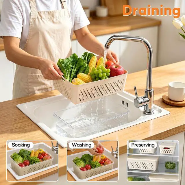Alt view image 3 of 7 - Fruit Storage Containers for Fridge with Soft Lid - 4 Pack Food Storage Container with Removable Colander, Airtight Produce Saver Containers Keep Berry, Fruits, Vegetables, Meet Fresh Longer