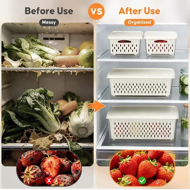 Alt view image 4 of 7 - Fruit Storage Containers for Fridge with Soft Lid - 4 Pack Food Storage Container with Removable Colander, Airtight Produce Saver Containers Keep Berry, Fruits, Vegetables, Meet Fresh Longer