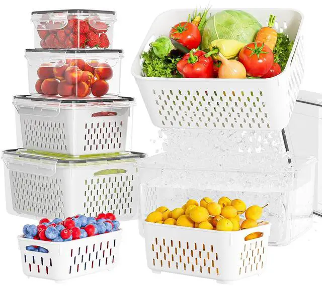 Main image of 5 Pack Fruit Storage Containers for Fridge with Removable Colanders - Food Storage Containers with Lids, BPA-Free Produce Containers Keep Fruits, Vegetables, Berry, Meat Fresh Longer