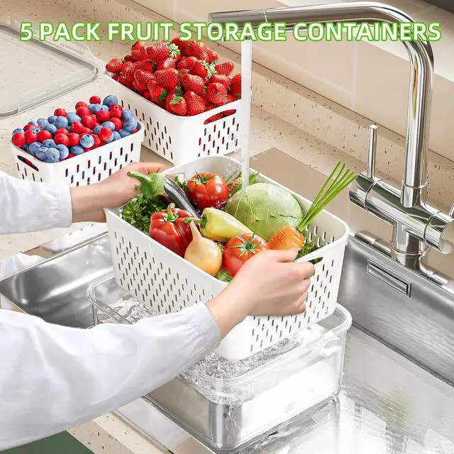Alt view image 2 of 7 - 5 Pack Fruit Storage Containers for Fridge with Removable Colanders - Food Storage Containers with Lids, BPA-Free Produce Containers Keep Fruits, Vegetables, Berry, Meat Fresh Longer