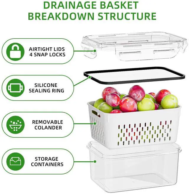 Alt view image 4 of 7 - 5 Pack Fruit Storage Containers for Fridge with Removable Colanders - Food Storage Containers with Lids, BPA-Free Produce Containers Keep Fruits, Vegetables, Berry, Meat Fresh Longer