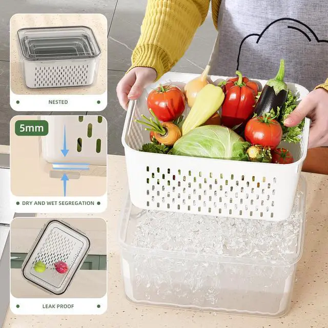 Alt view image 5 of 7 - 5 Pack Fruit Storage Containers for Fridge with Removable Colanders - Food Storage Containers with Lids, BPA-Free Produce Containers Keep Fruits, Vegetables, Berry, Meat Fresh Longer