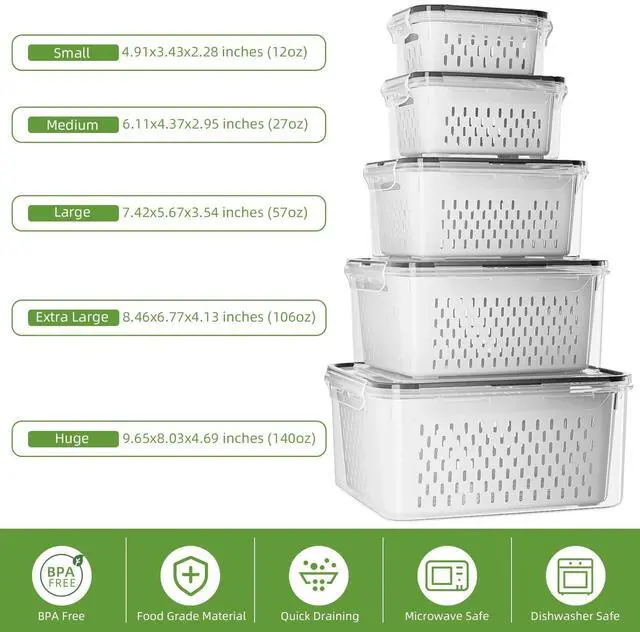 Alt view image 3 of 7 - 5 Pack Fruit Storage Containers for Fridge with Removable Colanders - Food Storage Containers with Lids, BPA-Free Produce Containers Keep Fruits, Vegetables, Berry, Meat Fresh Longer