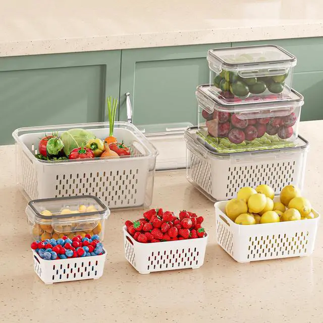Alt view image 7 of 7 - 5 Pack Fruit Storage Containers for Fridge with Removable Colanders - Food Storage Containers with Lids, BPA-Free Produce Containers Keep Fruits, Vegetables, Berry, Meat Fresh Longer