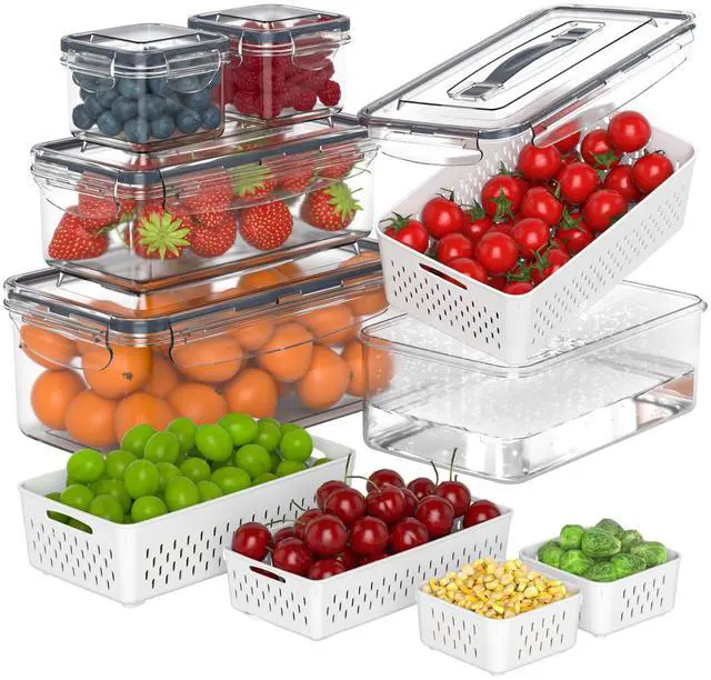 Main image of 5 Pcs Fruit Storage Containers For Fridge with Removable Colander and Handle Lid, Refrigerator Organizers and Storage, Airtight Container to Keep Berry Fruit and Vegetable Fresh Longer Dishwasher Safe