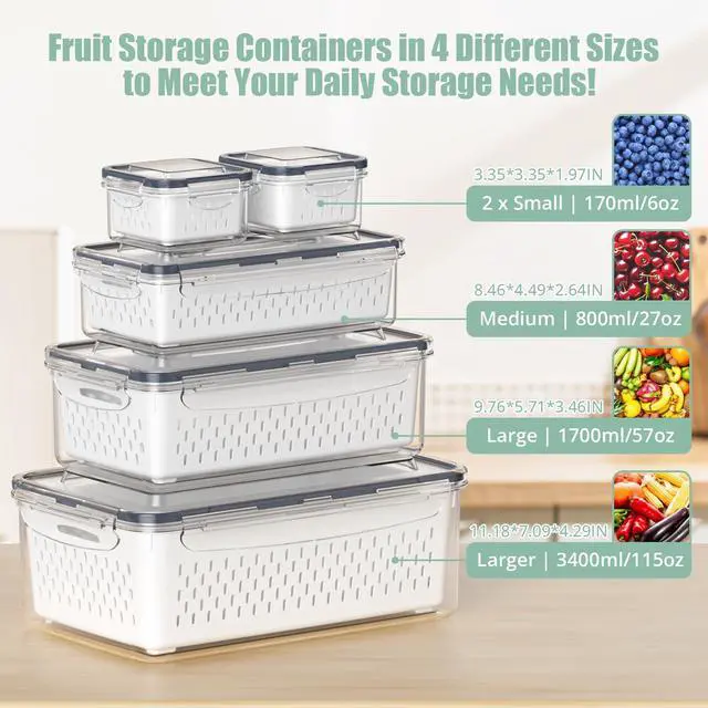 Alt view image 2 of 7 - 5 Pcs Fruit Storage Containers For Fridge with Removable Colander and Handle Lid, Refrigerator Organizers and Storage, Airtight Container to Keep Berry Fruit and Vegetable Fresh Longer Dishwasher Safe