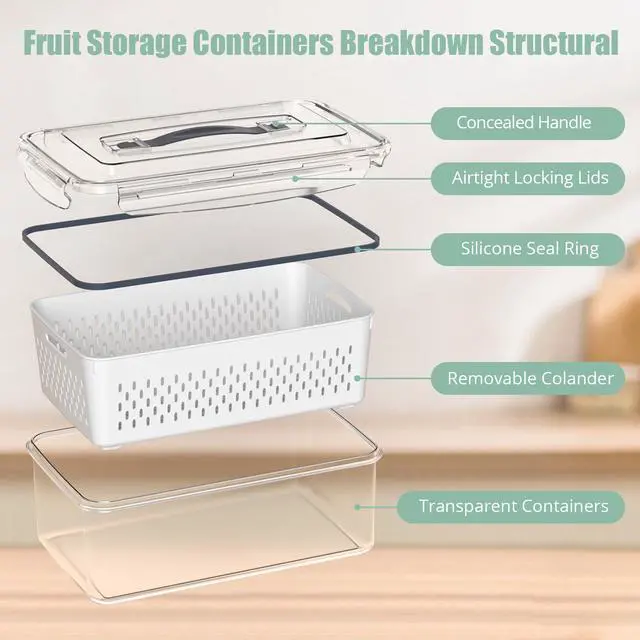 Alt view image 4 of 7 - 5 Pcs Fruit Storage Containers For Fridge with Removable Colander and Handle Lid, Refrigerator Organizers and Storage, Airtight Container to Keep Berry Fruit and Vegetable Fresh Longer Dishwasher Safe