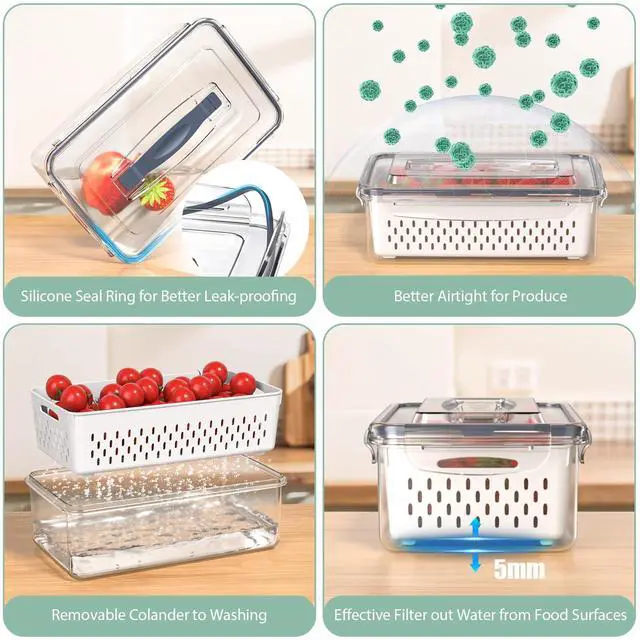 Alt view image 5 of 7 - 5 Pcs Fruit Storage Containers For Fridge with Removable Colander and Handle Lid, Refrigerator Organizers and Storage, Airtight Container to Keep Berry Fruit and Vegetable Fresh Longer Dishwasher Safe
