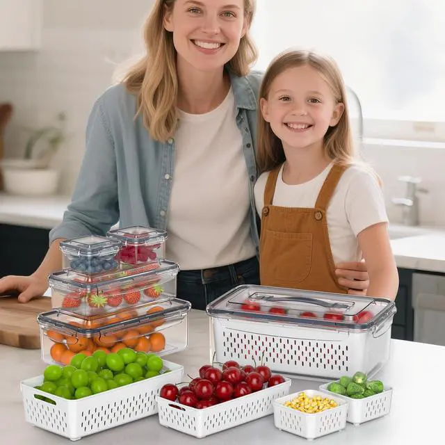 Alt view image 7 of 7 - 5 Pcs Fruit Storage Containers For Fridge with Removable Colander and Handle Lid, Refrigerator Organizers and Storage, Airtight Container to Keep Berry Fruit and Vegetable Fresh Longer Dishwasher Safe