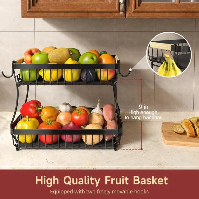 Alt view image 2 of 7 - 2-Tier Fruit Basket with Banana Hangers, Detachable Metal Bowl