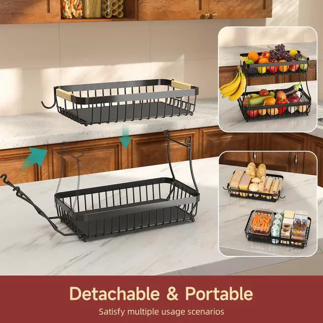 Alt view image 3 of 7 - 2-Tier Fruit Basket with Banana Hangers, Detachable Metal Bowl