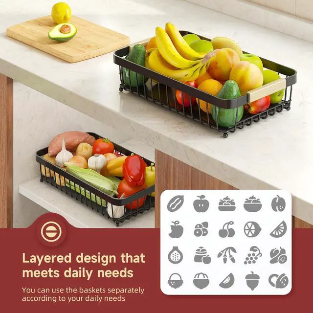 Alt view image 6 of 7 - 2-Tier Fruit Basket with Banana Hangers, Detachable Metal Bowl