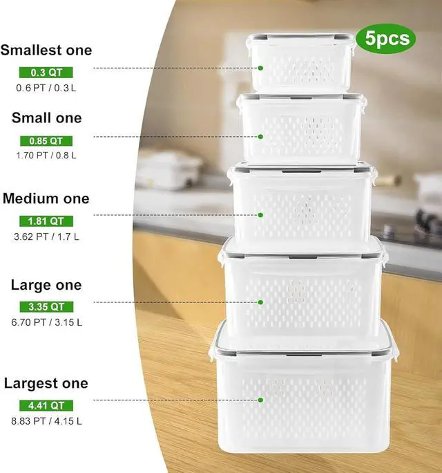 Alt view image 2 of 7 - 5 PCS Fruit storage Containers for Fridge with Removable Colander and Chopper Set, Leakproof Food Storage Containers with lids, Dishwasher & Microwave Safe Produce Containers to Keep Fruits Fresh