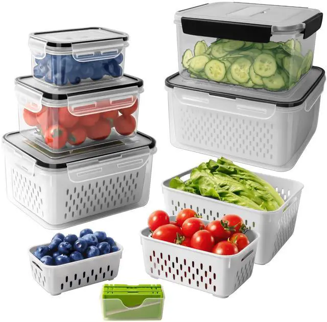 Main image of 5 PCS Fruit storage Containers for Fridge with Removable Colander and Chopper Set, Leakproof Food Storage Containers with lids, Dishwasher & Microwave Safe Produce Containers to Keep Fruits Fresh