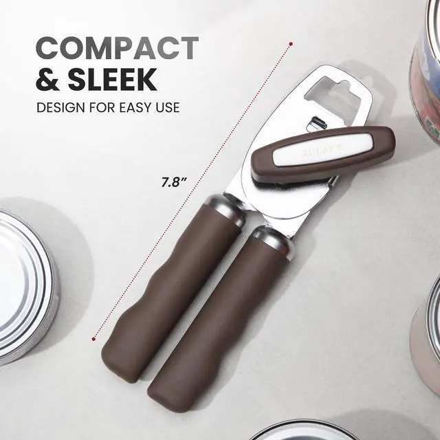 Alt view image 2 of 7 - Kitchen Heavy Duty Stainless Steel Can Opener Manual with Bottle Opener - Rust Proof Manual Can Opener With Turn Knob & Comfy Soft Grip Handles - Brown