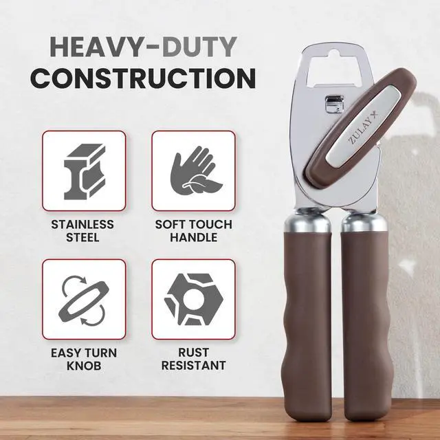 Alt view image 3 of 7 - Kitchen Heavy Duty Stainless Steel Can Opener Manual with Bottle Opener - Rust Proof Manual Can Opener With Turn Knob & Comfy Soft Grip Handles - Brown